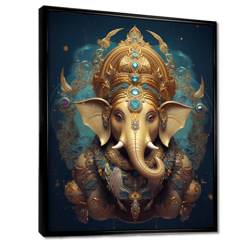 Portrait de Ganesha sur sarcelle - Art mural de l'hindouisme, Toile avec cadre flottant noir, H 40 po x l 30 po x P 1,5 po