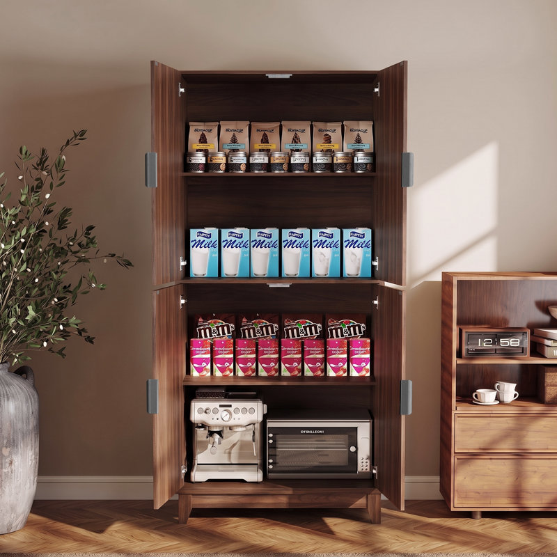 71" Tall Wooden Pantry Cabinet with Adjustable Shelves and 4 Doors – Freestanding Kitchen Storage Cabinet for Dining Room, Living Room, Bathroom