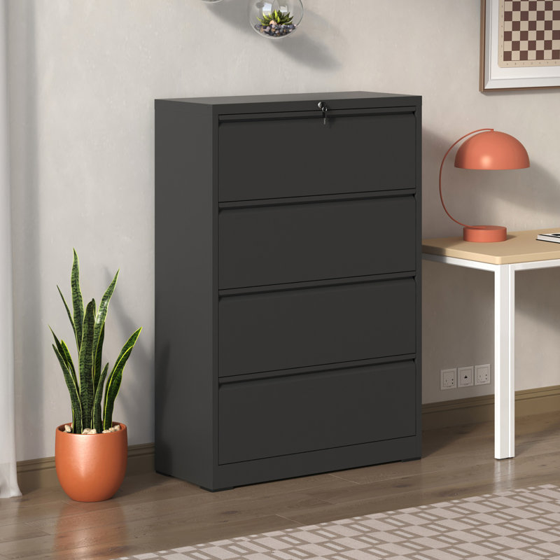 Metal 4 Filing Cabinet, Black Lockable Style, For Office, Accommodates Legal/Letter/A4/F4 Size Locking Fits Size, Noise-Reduction Feature
