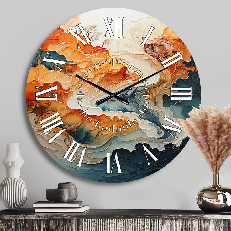 Horloge murale abstraite orange et bleue «I» - cadran abstrait en marbre blanc, Médium