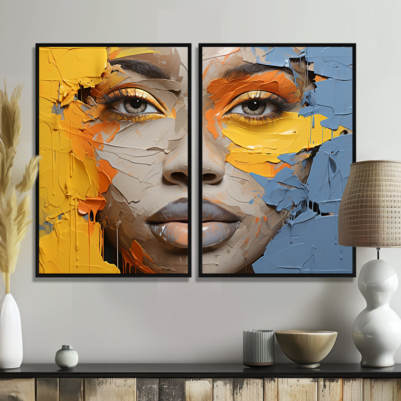 Jaune et bleu, peinture, collage, portrait - impressions sur toile 2 panneaux, Black, 36" H x 48" W