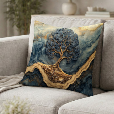 Tree Of Life Decorative Pillow - Blue Gold Tree Of Life In A Forest Landscape Printed Throw Pillow