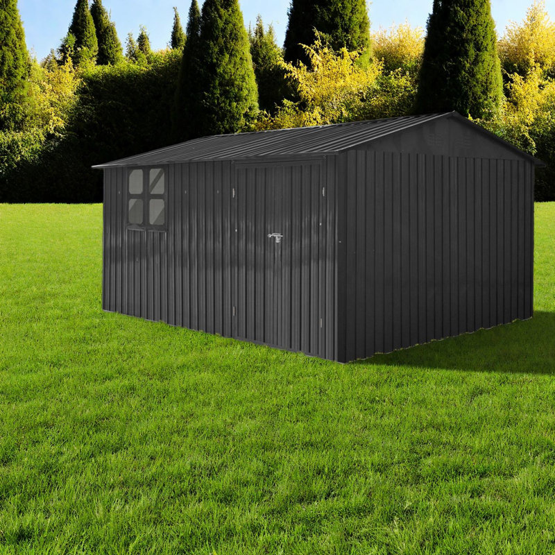 Durable Metal Sheds, 12ftx10ft Modern Outdoor Storage, Black With Shelves