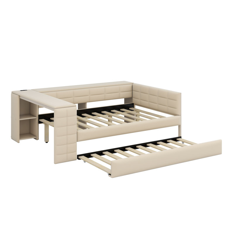 Lit plateforme tapissier avec tablettes de rangement, bureau, station de charge et lit gigogne, Beige