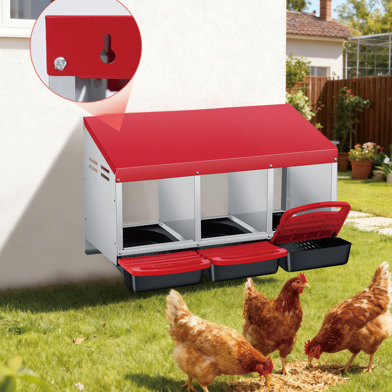 3-Hole Galvanized Steel Chicken Nesting Box with Pads & Legs – Ventilated Design, Easy-Clean with Tray for Healthy Hens