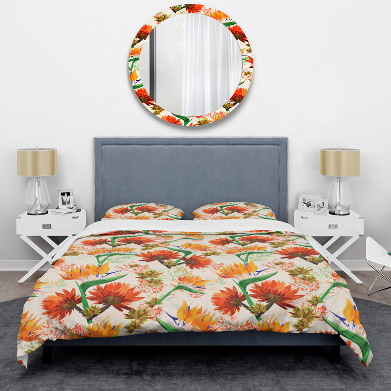 Orange Flowers And Leaves - Ensemble de housse de couette Cabin & Lodge, Housse de couette pour grand lit et 2 taies décor