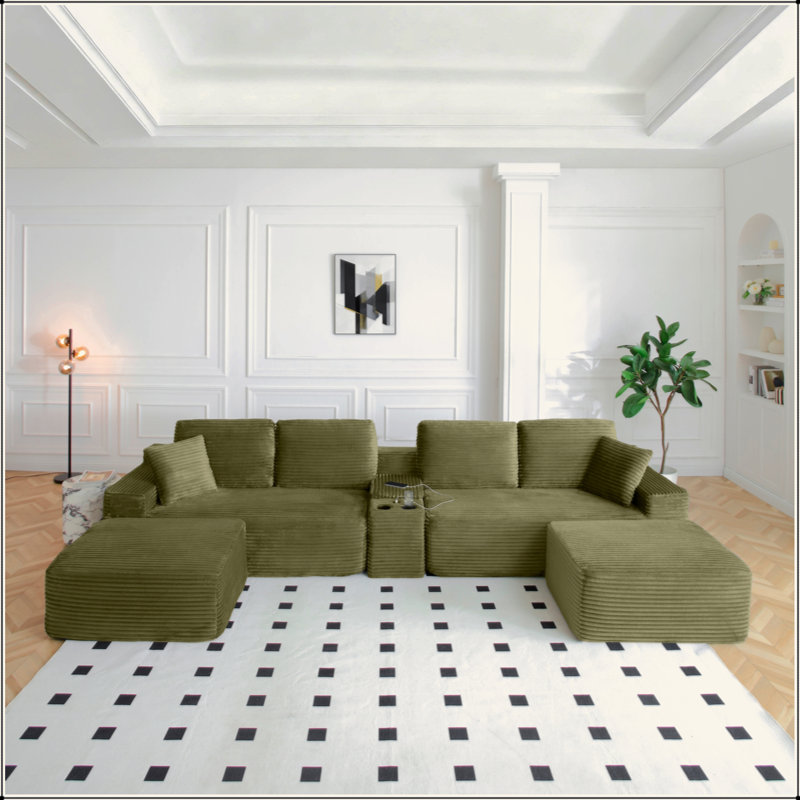 Canapé modulaire surdimensionné de 150 po, canapé Cloud avec assise profonde, canapé en L avec porte-gobelets et ports USB, canapé rembourré en velours côtelé pour le salon