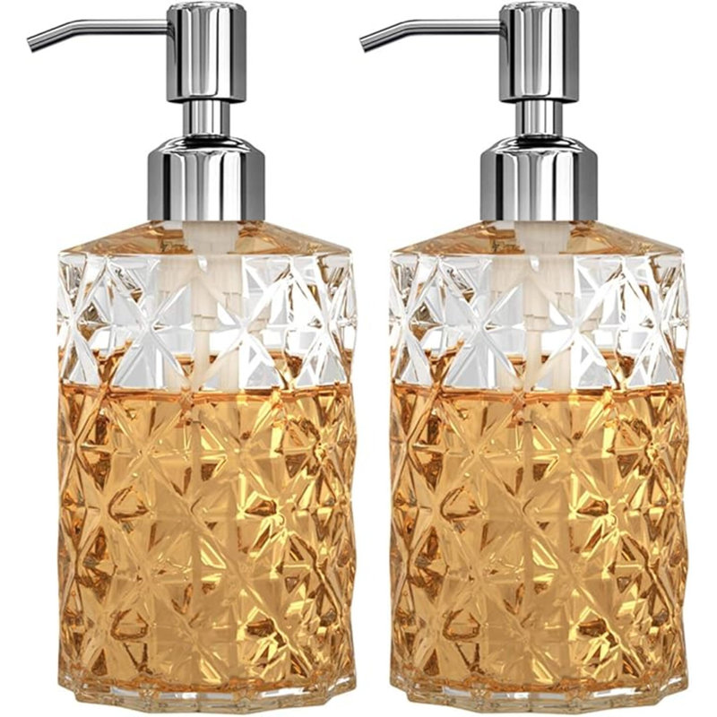 Soap Dispenser - 2 Pack, 12 Oz Diamond Design Glass Refillable Hand Soap Dispensers; With 304 Rust Proof Stainless Steel Pump, Lotion Dispensers For Kitchen, Bathroom