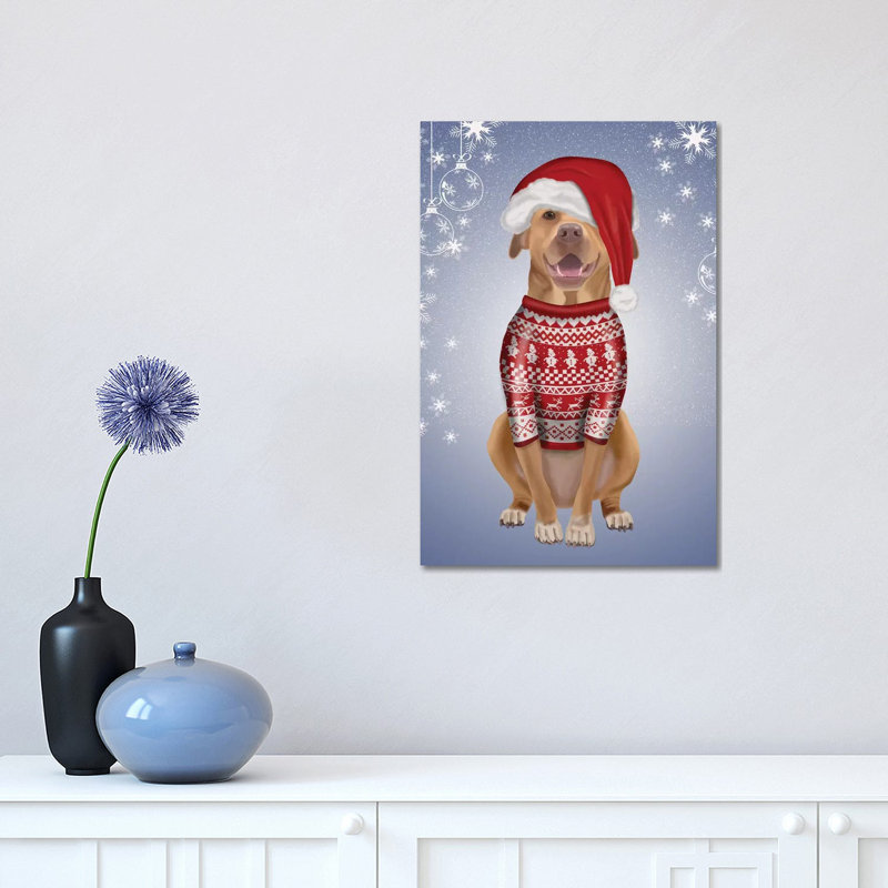 Pitbull in Christmas Sweater par Fab Funky - impression sur toile tendue, H 18 po x l 12 po x 1,5 po