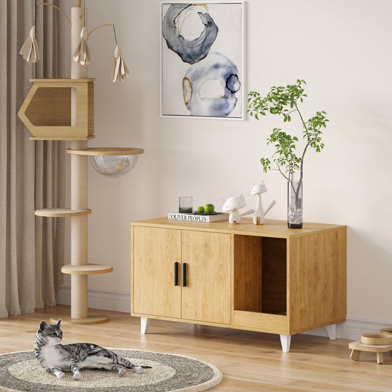 Meuble de rangement pour litière avec chat, Brun