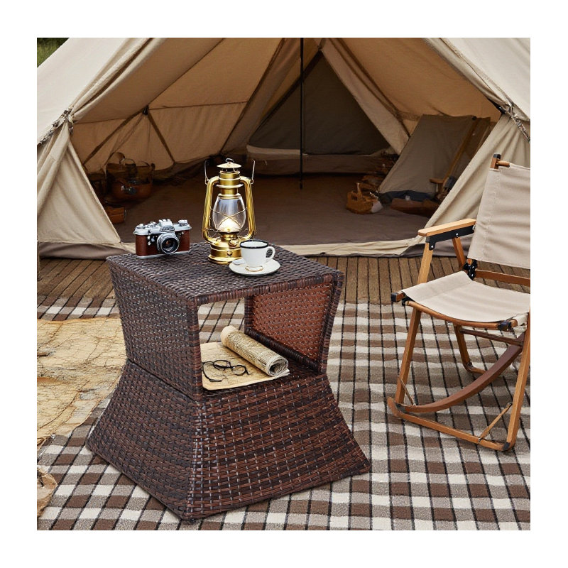 Outdoor Side Table With Umbrella Hole, Rattan Wicker End Table