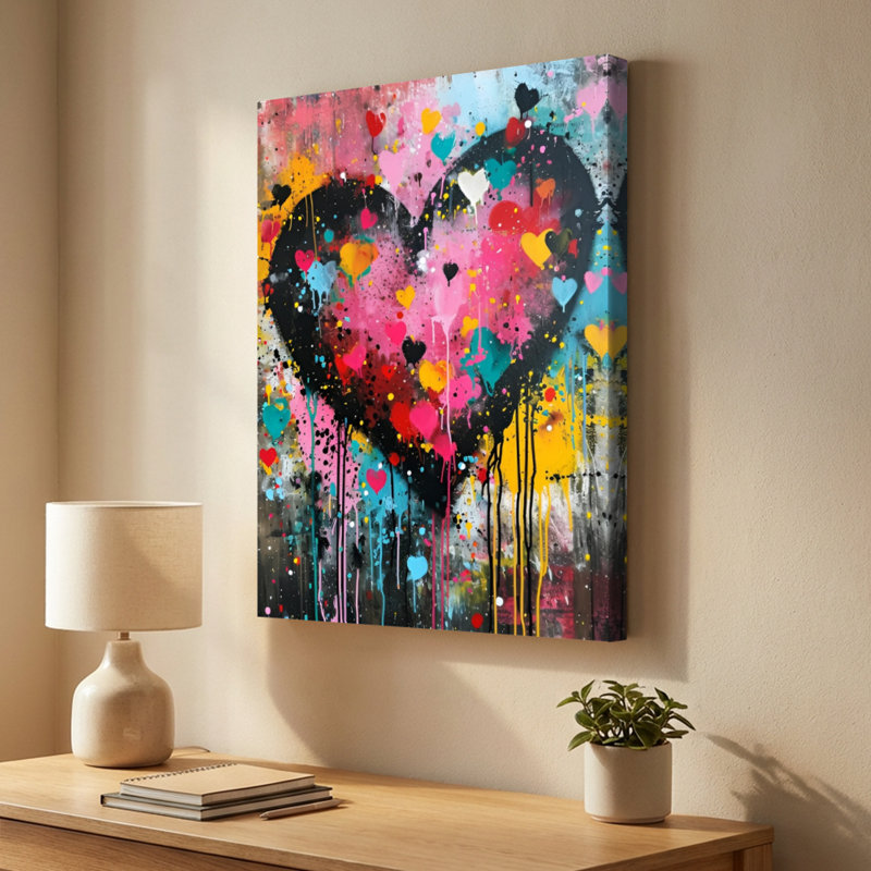 Cœurs colorés éclaboussés de peinture vibrante - Impression d'art abstrait sur toile tendue sur châssis, 91,4 cm (H) x 61 cm (L), prête à accrocher