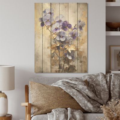 Purple And Gold Adorned Violets Meadow V - Violets Wood Panel Wall Art On Natural Pine Wood