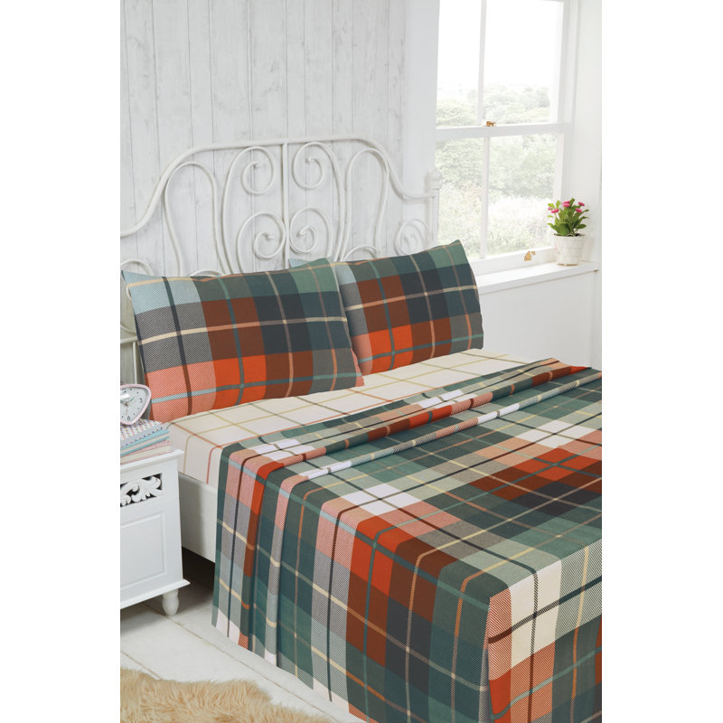 Plaid Brushed Cotton Standard Sheet Set, Double (4'6) Sheet Set + 3 Additional Pieces, Orange