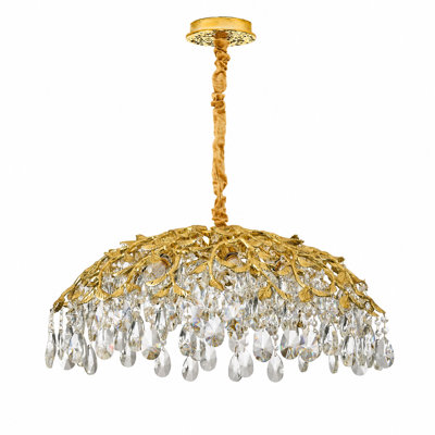 Lustre à 8 lumières en cristal doré à la feuille, suspension en cristal en forme de dôme
