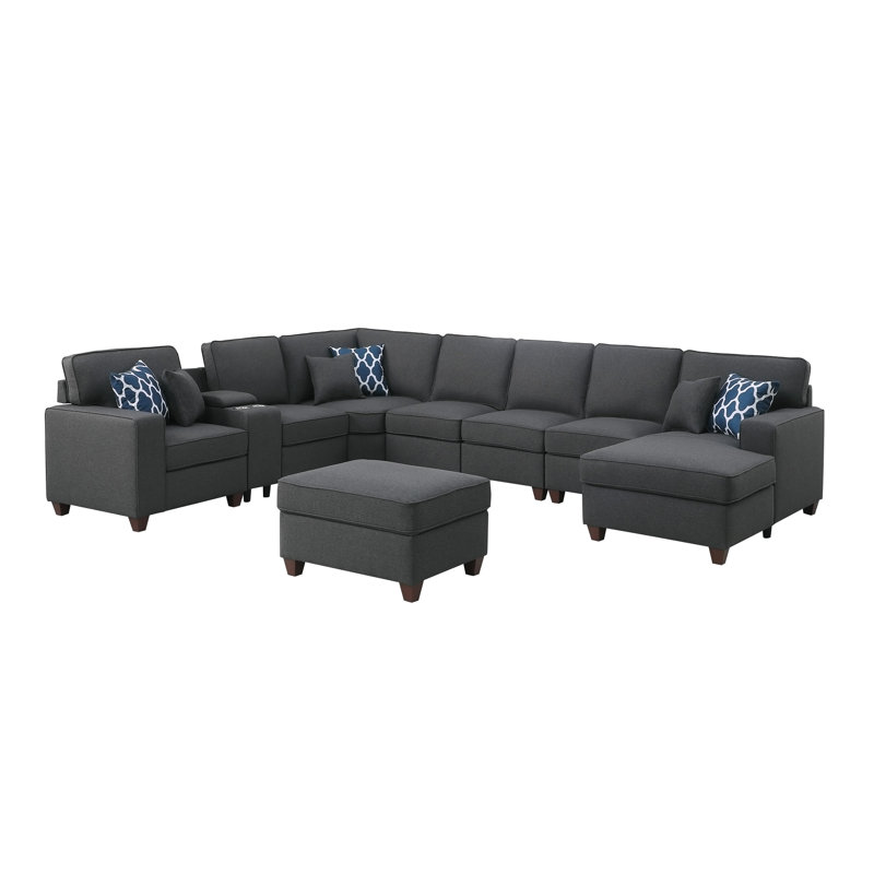 Canapé modulaire avec repose-pieds 9 pièces Eric, Lin gris foncé