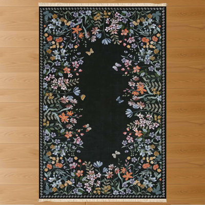 Black Midnight Butterfly Floral Rug