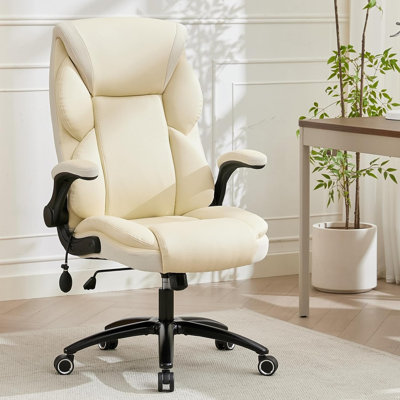 Executive Office Chair - Adjustable Inflatable Lumbar Support, Flip Up Arms, Heavy Duty Metal Base, Breathable PU Leather Ergonomic High Back Computer Chair Desk Chair, Thick Padded | Cream