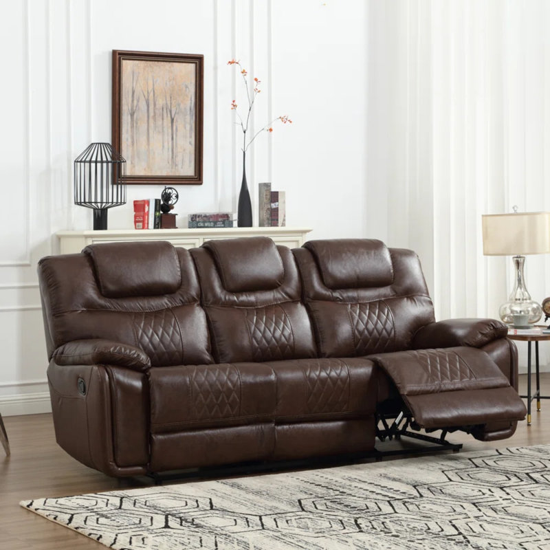 Jepum 86.6" Top-Grain Genuine Leather Manual Reclining Sofa, 3-Seater Spacious Recliner Couch, Espresso