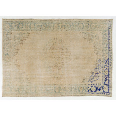 Tapis turc Oushak rétro fait à la main. Tapis en laine beige