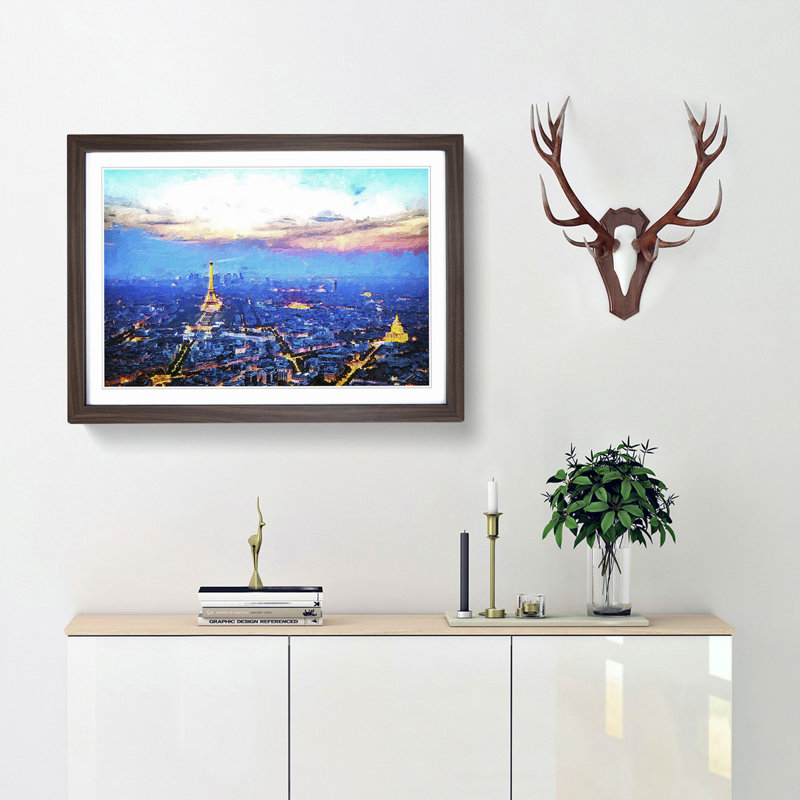 Paris Eiffel Tower Skyline at Dusk - Framed Print, 36cm H x 48cm W x 2cm D, Walnut Framed