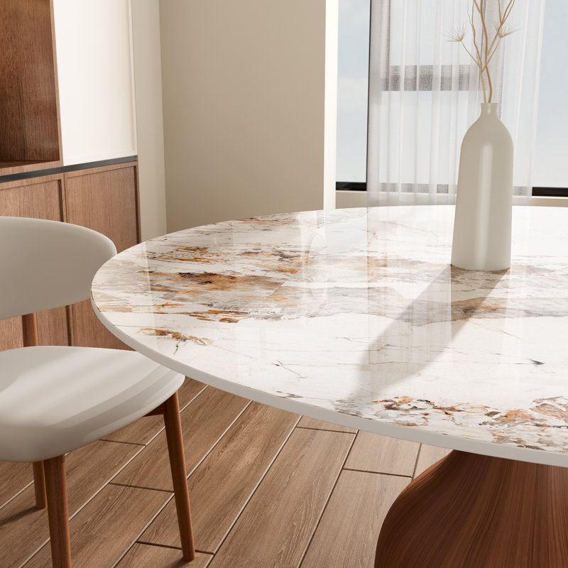 Ikerne Modern Farmhouse 47" Round Sintered Stone Pedestal Dining Table Set , Brown, Table, 4 chairs