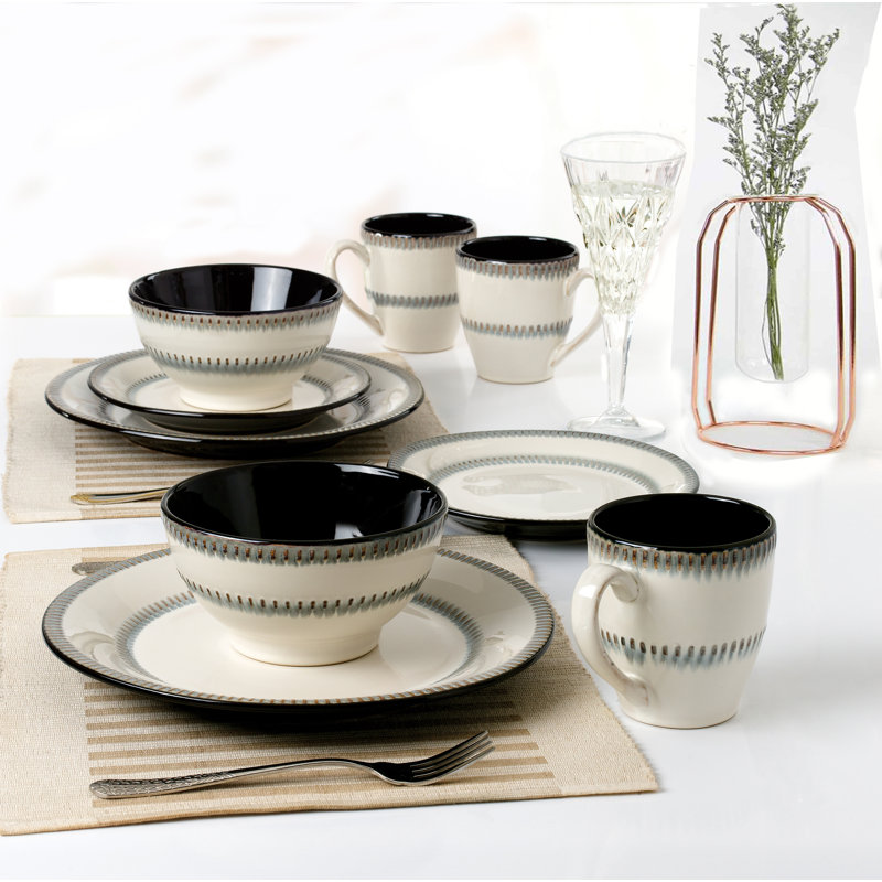 White Ceramic Bohemian 16-Piece Dinnerware Set with Trim Embellishment