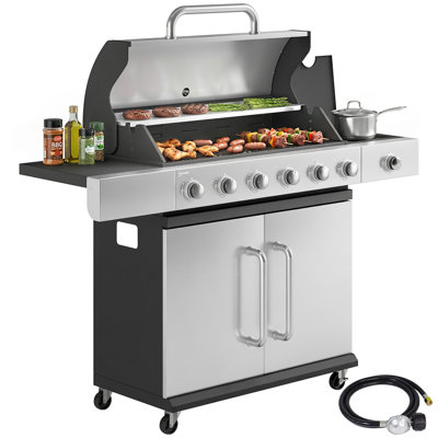 6 Burner Propane Gas Grill with Side Burner, 63,000 BTU Stainless Steel Barbecue Grill with Cast Iron Grates, Wheels, Warming Rack, Side Tables, Cabinet for Outdoor Kitchen, Backyard Barbecue