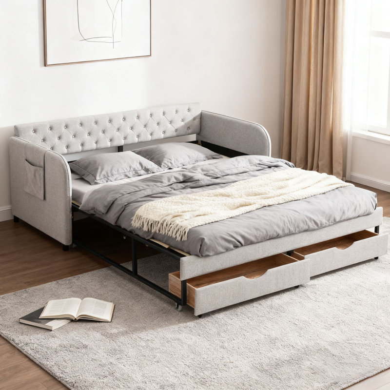 Twin Size Upholstery Daybed with Trundle Bed and Two Storage Drawers,Flat Arms with Pocket, Gray