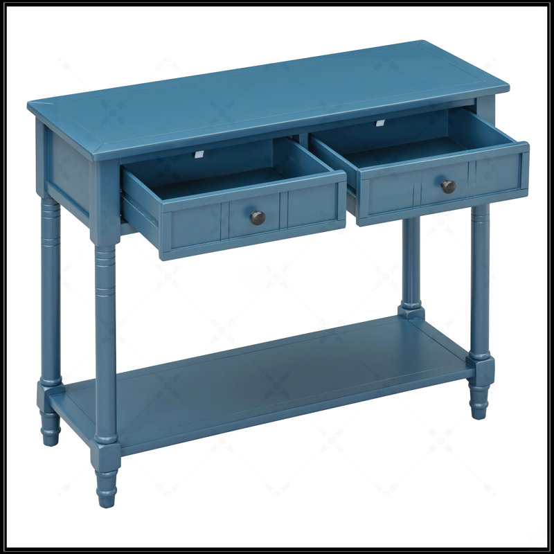 Console Daisy Series avec deux tiroirs et une tablette inférieure, finition marine foncé pour un rangement et une présentation polyvalents