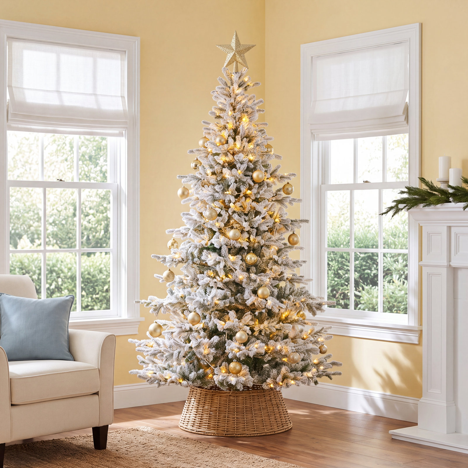Elegant Snowy Fir-Pre-Lit Flocked Full Fir Christmas Tree With Lights, 9'