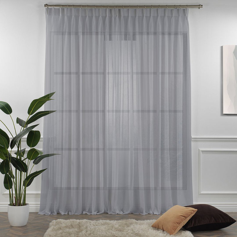 Triple Pinch Pleated Extra Long and Extra Wide Faux Linen Sheer Single Panel, Gray, 52" W x 180" L