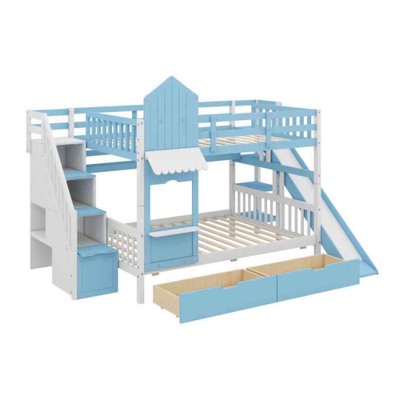 Castle-Inspired Bunk Bed, Wooden Bunk Bed With 2 Drawers & 3 Shelves, Comes With Slide And Storage Steps, Blue