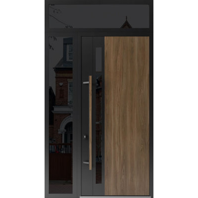Front Exterior Prehung Steel Door Dekton 0163 Venezia Noce Side and Top Exterior Window Sidelite Entry Metal Modern Painted W36+16 x H96+16 Right hand Inswing