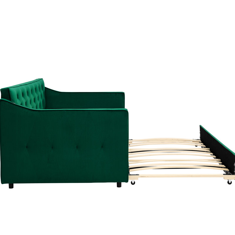 Lit de jour simple avec lit gigogne escamotable et fonction de charge, style Mid-Century, conception à boutons, accoudoirs ondulés, cadre en contreplaqué escamotable sur les accoudoirs, dossier élégant, cadre, convient à la chambre à coucher