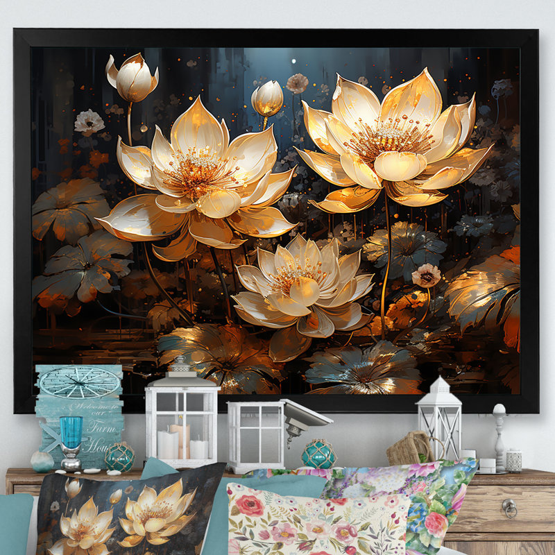 Golden Lotus Tranquility III sur toile, Cadre simple noir, H 34 po x l 44 po x P 1,5 po