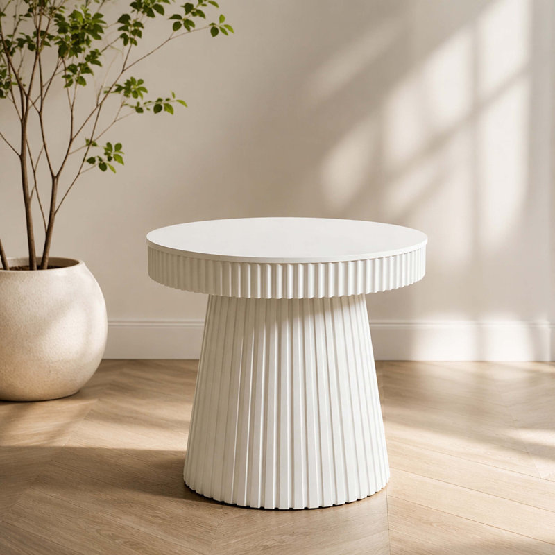 Fluted Hourglass Round Side Table, Modern Cream Solid Pedestal Accent End Table