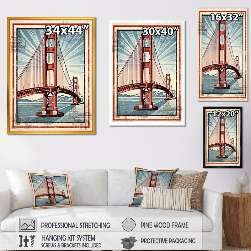 Golden Gate San Francisco, illustration rétro encadrée sur toile, H 44 po x l 34 po x P 1,5 po, Cadre doré simple
