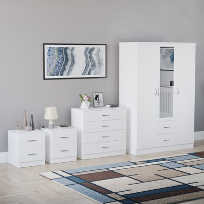 Tayce 4 Piece Bedroom Set (2 Drawer Bedside Chest, 4 Drawer Chest, 3 Door 2 Drawer Mirrored Wardrobe)