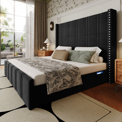 66" Tall Velvet Wingback Platform Bed with Side Storage Pockets, No Box Spring Required