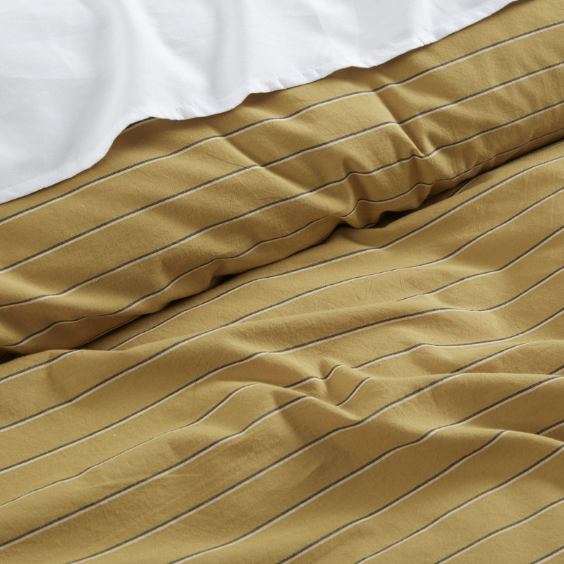 Dione Mid-Century Modern Cotton Percale Striped Duvet Cover, California King Duvet Cover + 2 King Shams, Mustard Yellow
