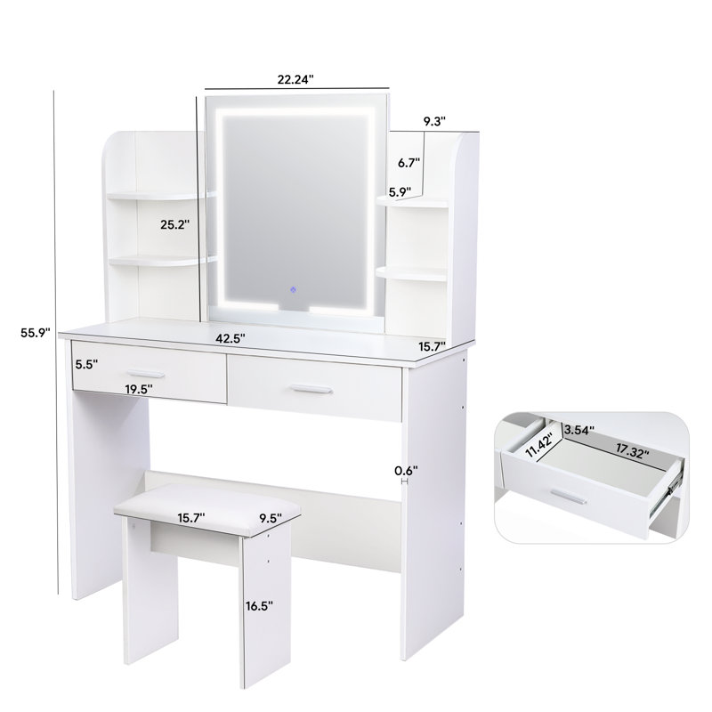 Greyden Vanity Set with LED Mirror & Stool, White