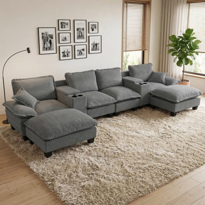 Modular Cloud Couch, U-Shape Sailboat Sofa With 2 Storage Central Consoles & Cup Holders, USB Port, 2 Ottomans & 2 Pillows, Chenille For Apartment & Living Room