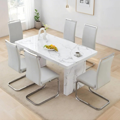 Cary 63" Wood Dining Table Set With Upholstered Chairs, Modern Kitchen & Dining Room Set For 4-6 People, White Marble Finish Table With Chrome Cantilever Chairs