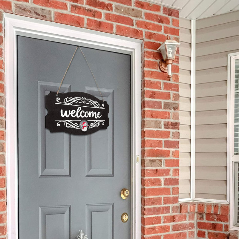 9 Inch Interchangeable Holiday Welcome Wood Sign, Rustic Farmhouse Front Door Porch Decor, Brown with White Letters, Black