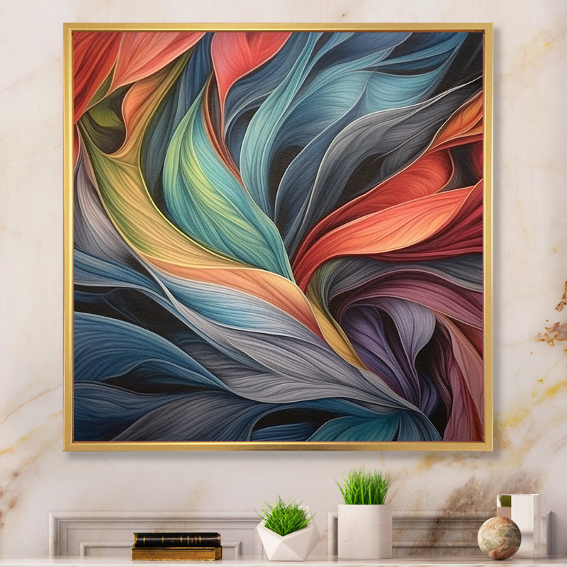 Aquarelle boho rétro avec feuilles pastel, Cadre flottant doré, H 36 po x l 36 po x P 1,5 po