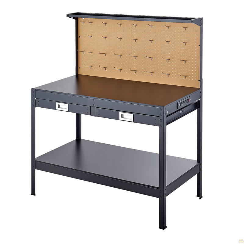 Établi en bois franc, capacité de poids de 242,5 lb, établi robuste de 47,2 po avec panneau perforé, 4 prises CA et 2 ports USB, câble de 4,9 pi et 30 crochets, banc de travail de garage avec tiroir pour atelier