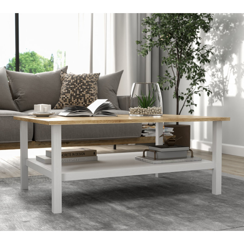 Modern Coffee Table with Shelves, White & Wood Finish, 39.4 x 16.9 x 28.3 inches | 100% Melamine Coated Particle Board, MDF Profile Legs, Metal Handles | Scandinavian Design, Wall-Mountable, Stylish & Functional