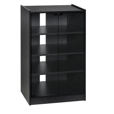 5 Media Stand Cabinet, Distressed Black Appearance. Tempered Glass Doors, Adjustable Shelves. Holds Player, Receiver, Gaming Console, Laptop, Books. Arranges Cables Logically With Doors And Shelf