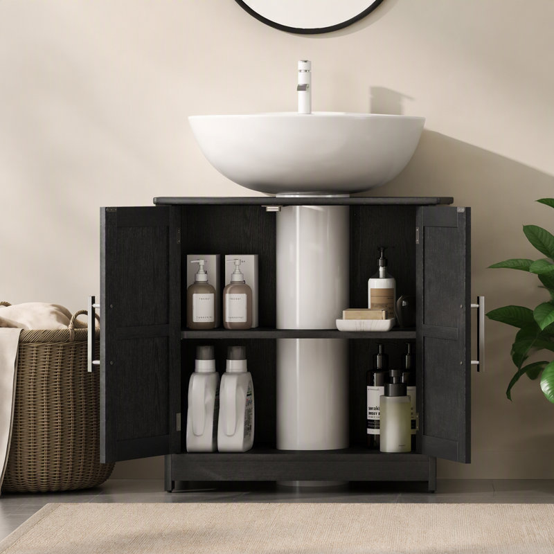 Armoire de rangement à piédestal, lavabo de salle de bain avec 2 portes de grange et tablette réglable (sans lavabo)